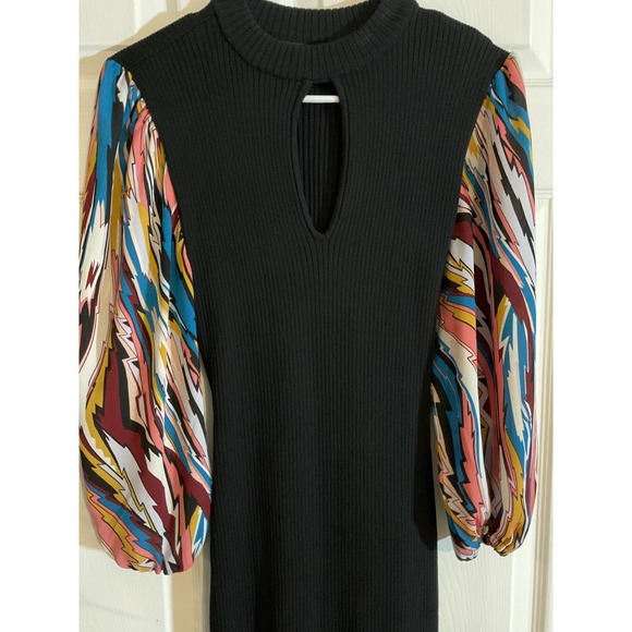 New York & Company Black Ribbed Knit Midi Dress Abstract Puff Sleeve Keyhole M - Picture 2 of 10